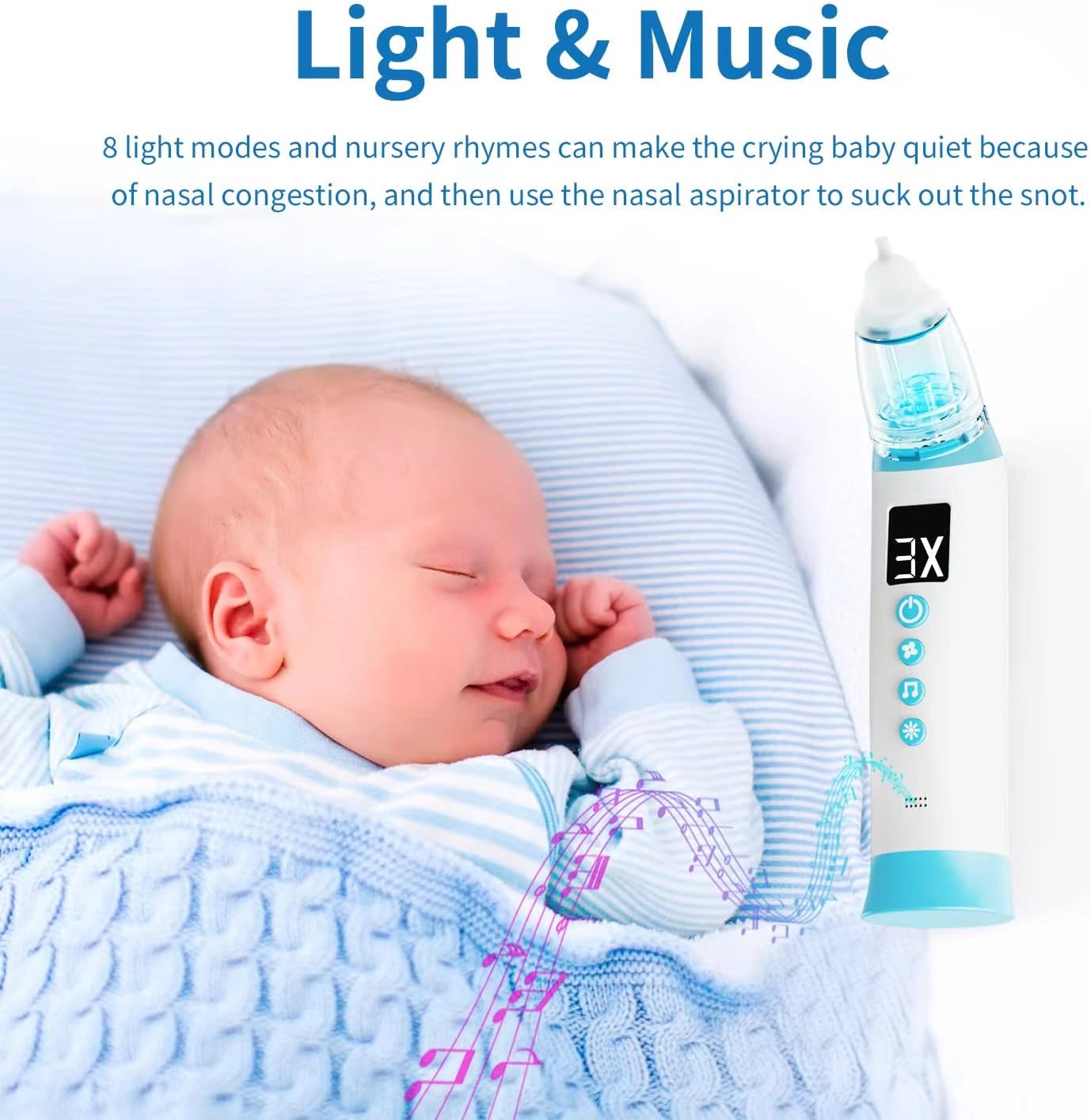 Electric Baby Nasal Aspirator, Rechargeable Nose Sucker for Baby, Adjustable 3 Levels Suction, Booger Sucker for Baby with 8 Light Modes & Adjustable Volume Nursery Rhymes - Image 7